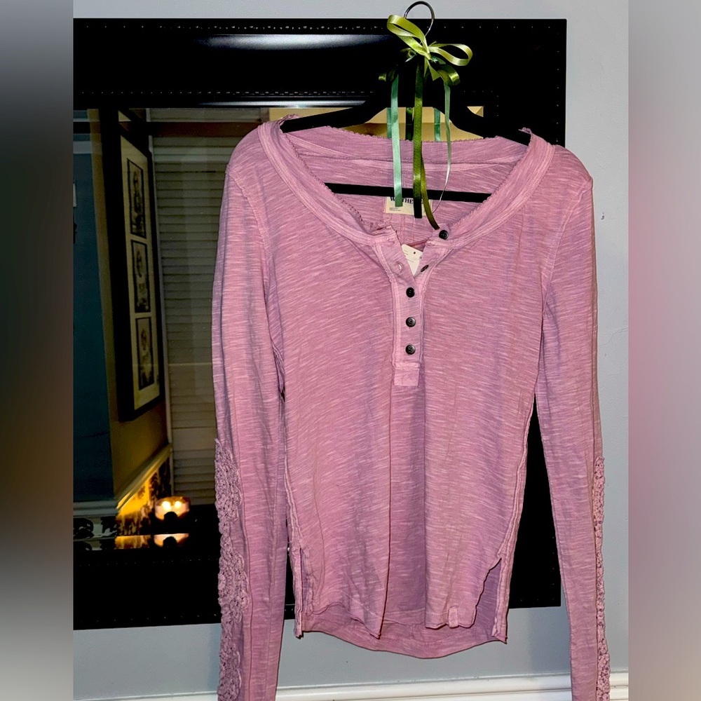 Free People “Our Song Henley Neck Long Lace Sleeve Top”